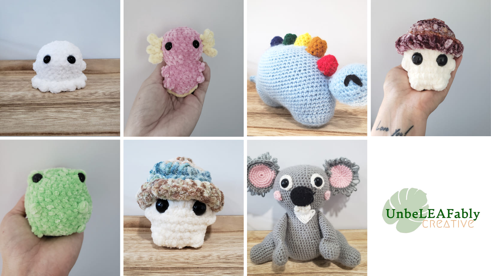 top row (left to right): ghost, axolotl, pride dino, mushroom boi
bottom row (left to right): chunky frog, mushroom boi, koala